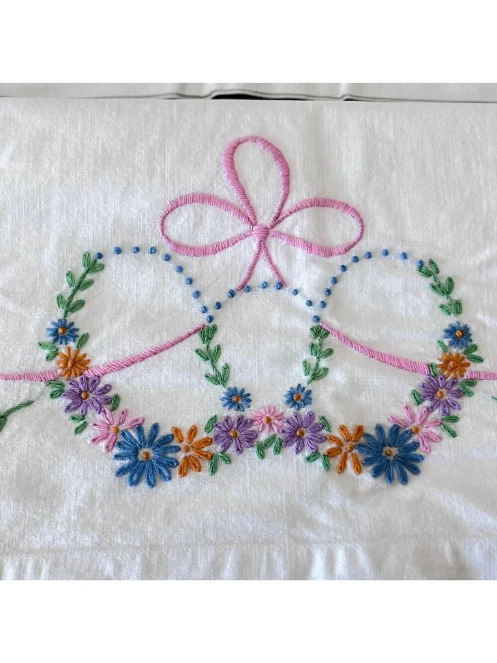 Vintage Embroidered Pillowcases Set of 2 // Pink Ribbon Floral Design // Cotton